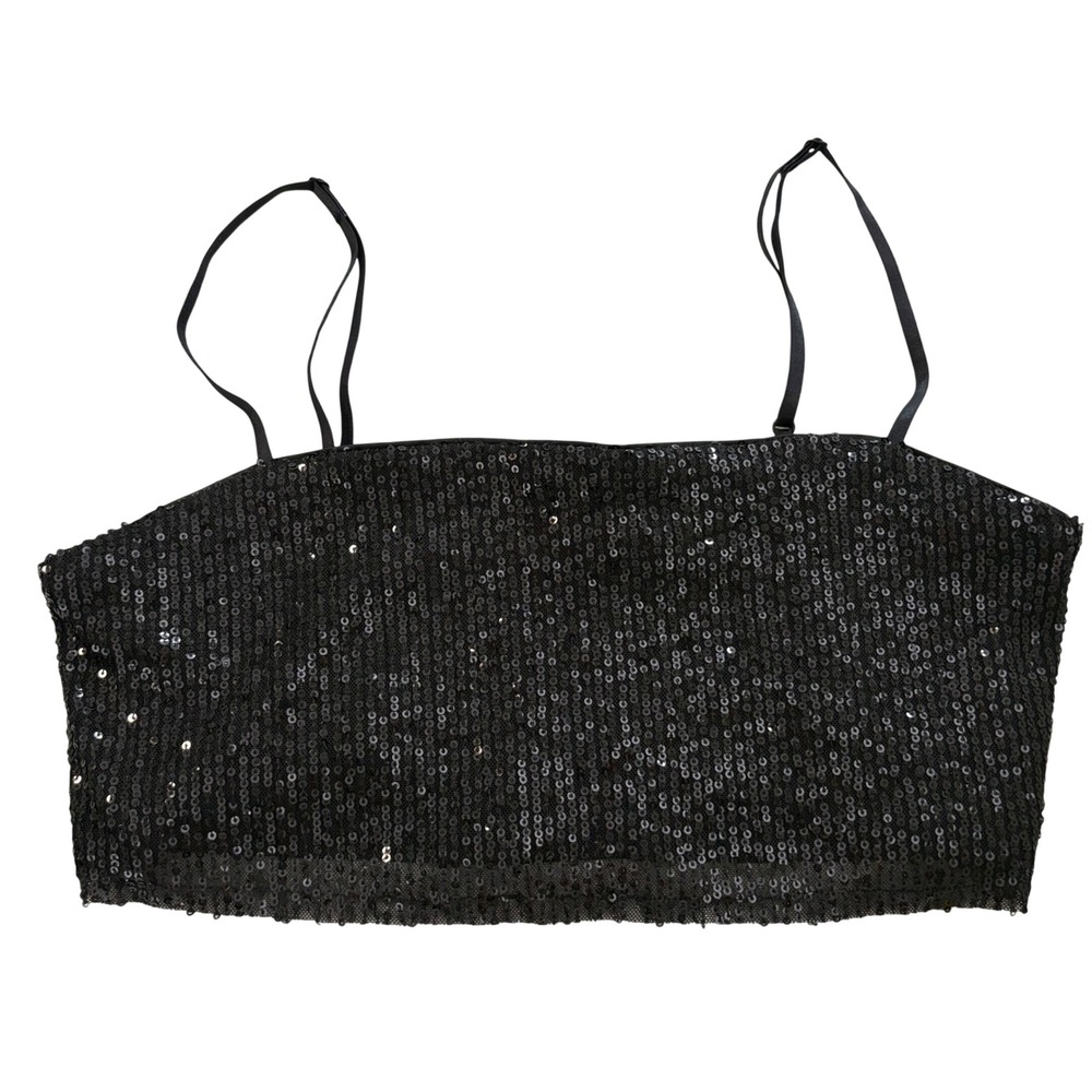 George Womens Black Sequin Crop Top Adjustable Spaghetti Straps Size XS Party